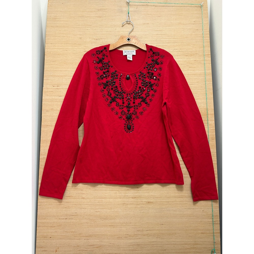 Victor Costa Occasion Red Beaded Keyhole Sweater Long Sleeve Rayon Blend Large